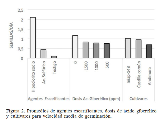 Promedios de agentes escarificantes, dosis de cido giberlico y cultivares para velocidad media de germinacin.