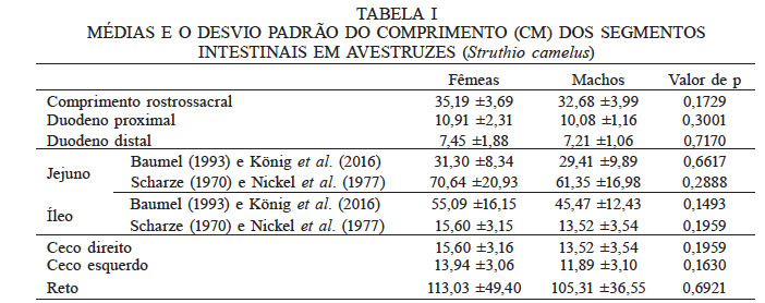 M�DIAS E O DESVIO PADR�O DO COMPRIMENTO (CM) DOS SEGMENTOS INTESTINAIS EM AVESTRUZES (Struthio camelus)