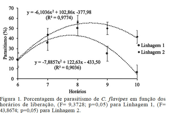 Porcentagem
de parasitismo de C. flavipes em fun&ccedil;&atilde;o dos hor&aacute;rios de libera&ccedil;&atilde;o, (F= 9,3728;
p=0,05) para Linhagem 1, (F= 43,8674; p=0,05) para Linhagem 2.