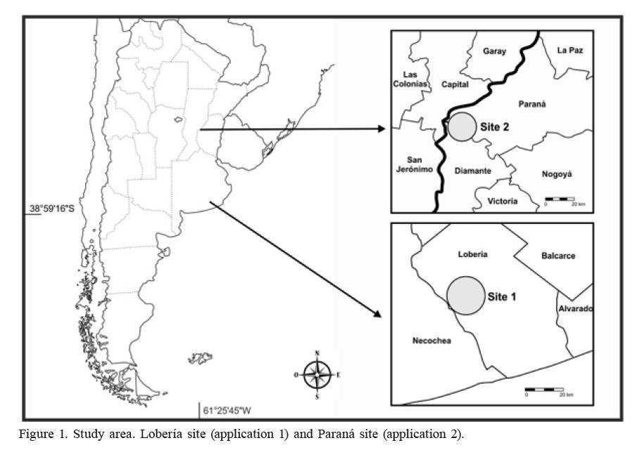 Study
area. Lobería site (application 1) and Paraná site (application
2).