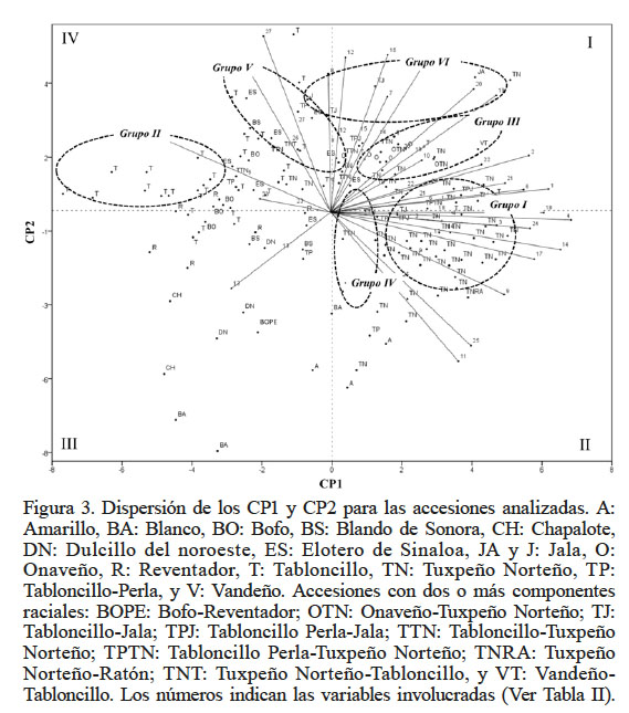 Dispersin de los CP1 y CP2 para las accesiones analizadas. A: Amarillo, BA: Blanco, BO: Bofo, BS: Blando de Sonora, CH: Chapalote, DN: Dulcillo del noroeste, ES: Elotero de Sinaloa, JA y J: Jala, O: Onaveo, R: Reventador, T: Tabloncillo, TN: Tuxpeo Norteo, TP: Tabloncillo-Perla, y V: Vandeo. Accesiones con dos o ms componentes raciales: BOPE: Bofo-Reventador; OTN: Onaveo-Tuxpeo Norteo; TJ: Tabloncillo-Jala; TPJ: Tabloncillo Perla-Jala; TTN: Tabloncillo-Tuxpeo Norteo; TPTN: Tabloncillo Perla-Tuxpeo Norteo; TNRA: Tuxpeo Norteo-Ratn; TNT: Tuxpeo Norteo-Tabloncillo, y VT: Vandeo-Tabloncillo. Los nmeros indican las variables involucradas (Ver Tabla II).