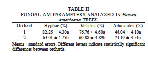 FUNGAL AM PARAMETERS ANALYZED IN Persea americana TREES