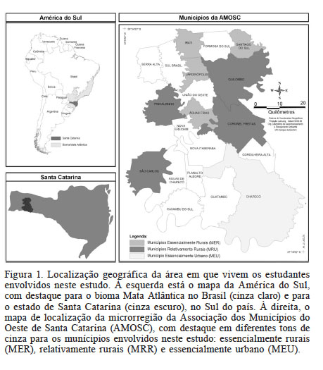 Localização geográfica da área em que vivem os estudantes envolvidos neste estudo. À esquerda está o mapa da América do Sul, com destaque para o bioma Mata Atlântica no Brasil (cinza claro) e para o estado de Santa Catarina (cinza escuro), no Sul do país. À direita, o mapa de localização da microrregião da Associação dos Municípios do Oeste de Santa Catarina (AMOSC), com destaque em diferentes tons de cinza para os munícipios envolvidos neste estudo: essencialmente rurais (MER), relativamente rurais (MRR) e essencialmente urbano (MEU).