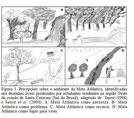 Percepções sobre o ambiente da Mata Atlântica, identificadas nos desenhos livres produzidos por estudantes residentes na região Oeste do estado de Santa Catarina (Sul do Brasil), adaptado de Sauvé (1996) e Sauvé et al. (2000). A: Mata Atlântica como natureza. B- Mata Atlântica como problema. C- Mata Atlântica como recurso. D: Mata Atlântica como lugar para viver.