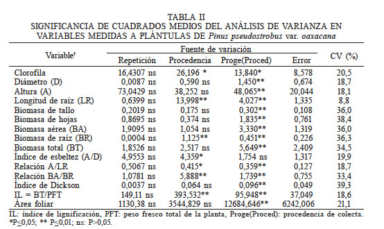 SIGNIFICANCIA DE CUADRADOS MEDIOS DEL ANÁLISIS DE VARIANZA EN VARIABLES MEDIDAS A PLÁNTULAS DE Pinus pseudostrobus var. oaxacana
