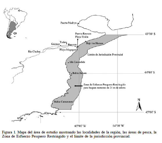 Mapa del &aacute;rea de estudio mostrando las localidades de la regi&oacute;n, las &aacute;reas de pesca, la Zona de Esfuerzo Pesquero Restringido y el l&iacute;mite de la jurisdicci&oacute;n provincial.