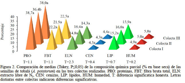 Comparación de medias (Tukey, P≤0,05) de la composición química parcial (% en base seca) de las semillas de tobalá (A. potatorum) en las tres colectas realizadas. PRO: proteinas, FBT: fibra bruta total, ELN: extracto libre de N2, CEN: cenizas, LIP: lípidos, HUM: humedad, T: diferencia significatica honesta. Letras distintas entre colectas indicaron diferencias significativas.