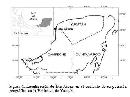 Localizaci&oacute;n de Isla Arena en el contexto de su posici&oacute;n geogr&aacute;fica en la Pen&iacute;nsula de Yucat&aacute;n.