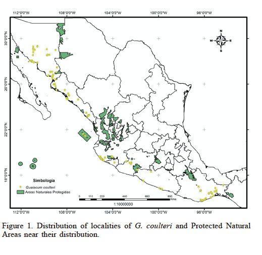 Distribution of localities of G. coulteri and Protected Natural Areas near their distribution.