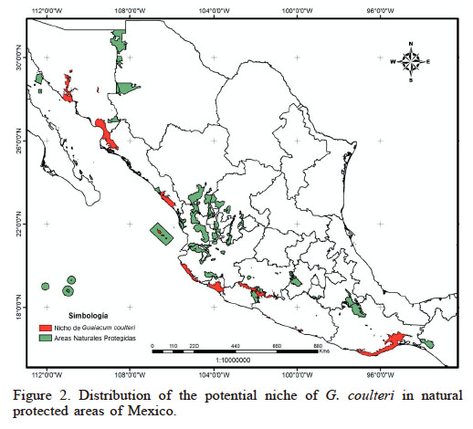 Distribution of the potential niche of G. coulteri in natural protected areas of Mexico