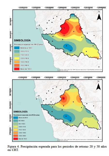 Precipitaci�n esperada para los periodos de retorno 20 y 50 a�os en CRT