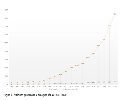 Artculos publicados y citas por ao de 2001-2020.