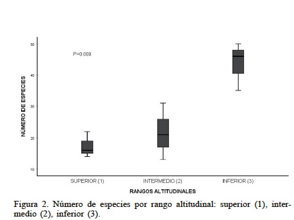 N�mero de especies por rango altitudinal: superior (1), intermedio (2), inferior (3).