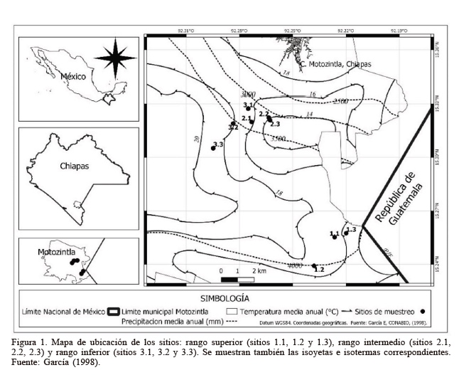 Mapa de ubicaci�n de los sitios: rango superior (sitios 1.1, 1.2 y 1.3), rango intermedio (sitios 2.1, 2.2, 2.3) y rango inferior (sitios 3.1, 3.2 y 3.3). Se muestran tambi�n las isoyetas e isotermas correspondientes. Fuente: Garc�a (1988).
