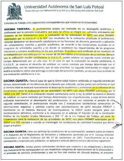 Cl&aacute;usulas del contrato definiendo los lineamientos para la evaluaci&oacute;n de
actividades de NPTC con plaza PROMEP autorizados por la UASLP y la SEP