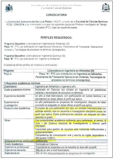 Requisitos establecidos en la convocatoria para otorgar la definitividad en la UASLP bajo plaza PROMEP