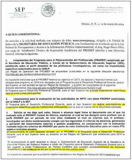 Oficio indicando que la SEP no autoriza los lineamientos establecidos en
los contratos de la UASLP bajo el programa PROMEP