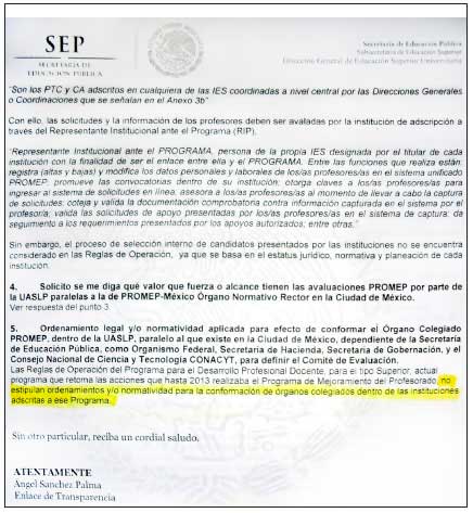 Oficio se&ntilde;alando que la SEP no autoriza la conformaci&oacute;n de cuerpos
colegiados al interior de la UASLP bajo el programa PROMEP
