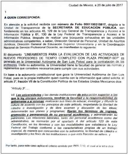 Oficio emitido por la SEP declarando la inexistencia de los lineamientos
para la evaluaci&oacute;n de las actividades de Nuevos Profesores de Tiempo Completo
con plaza PROMEP autorizados por la SEP para la UASLP