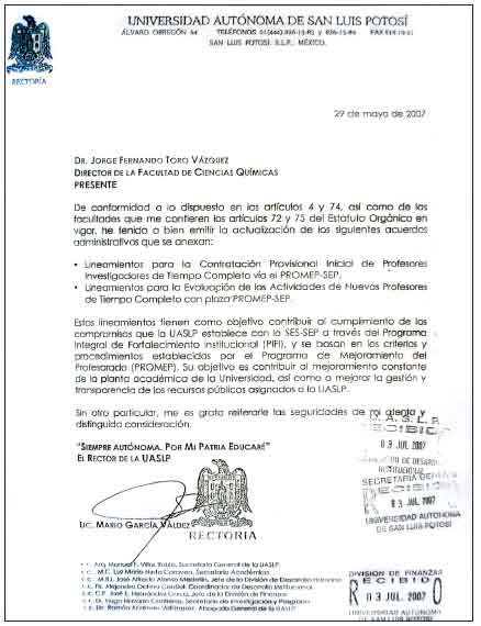 Pseudo-lineamientos del Rector presentados por la
UASLP en sustituci&oacute;n de los inexistentes lineamientos establecidos en las
cl&aacute;usulas de los contratos 

bajo
el programa PROMEP