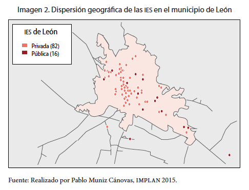 Dispersi&oacute;n geogr&aacute;fica de las IES en el municipio de Le&oacute;n