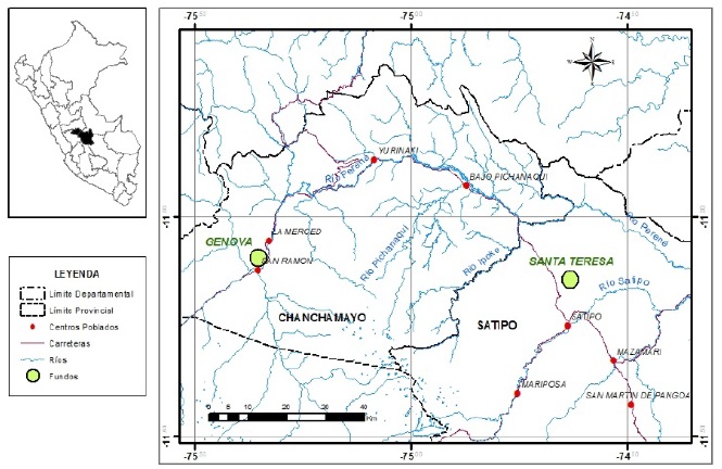 Ubicación de los fundos Génova en la Provincia de Chanchamayo y Santa Teresa en Provincia de Satipo (Perú)