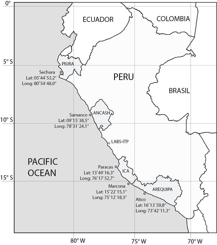 Map with the geographical location of sampling areas.