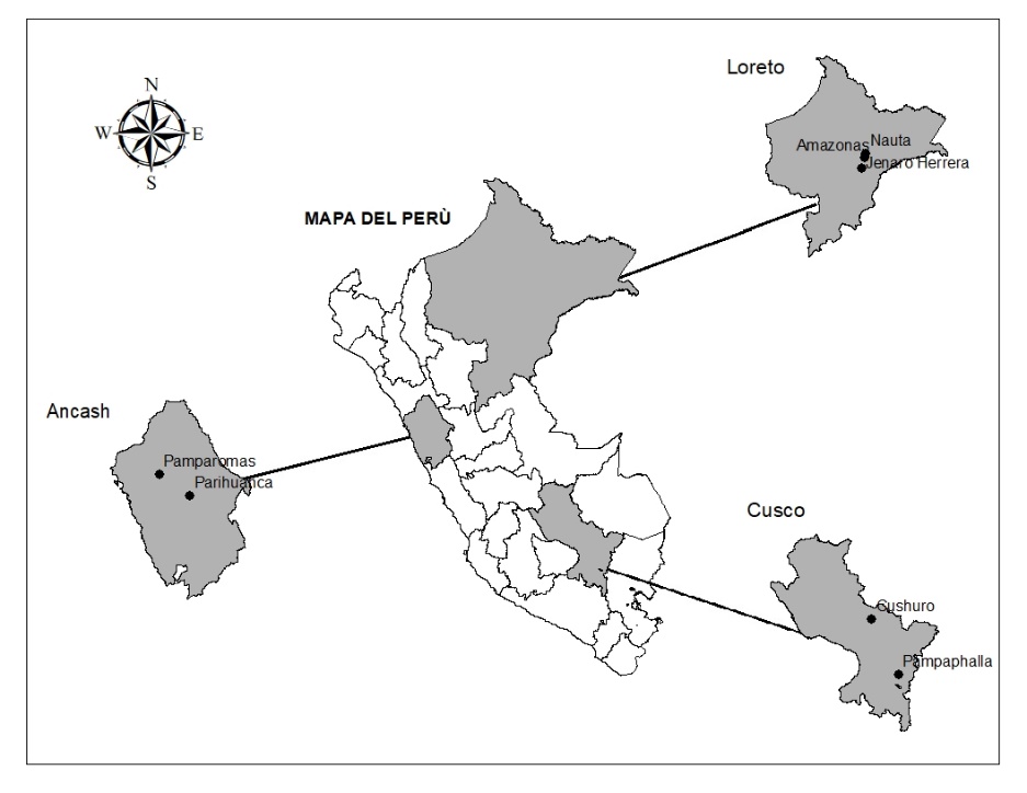 Mapa de localización de las comunidades
     estudiadas en los departamentos de Loreto, Ancash y Cusco.     