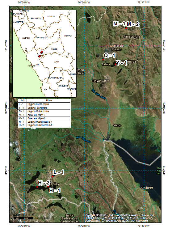 Mapa del rea de estudio en donde se muestran las estaciones de muestreo de las lagunas Altoandinas estudiadas en la provincia de Pasco. Octubre del 2015.