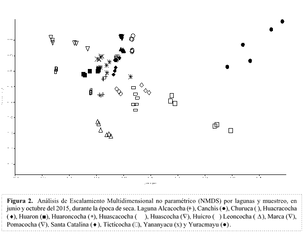 Análisis de Escalamiento Multidimensional no paramétrico (NMDS) por lagunas y muestreo, enjunio y octubre del 2015, durante la época de seca. Laguna Alcacocha (+), Canchis (●), Churuca ( ), Huacracocha(), Huaron (■), Huaroncocha (), Huascacocha ( ), Huascocha (), Huicro ( ) Leoncocha (  ), Marca (),Pomacocha (), Santa Catalina (), Ticticocha (), Yananyacu (x) y Yuracmayu (●).  