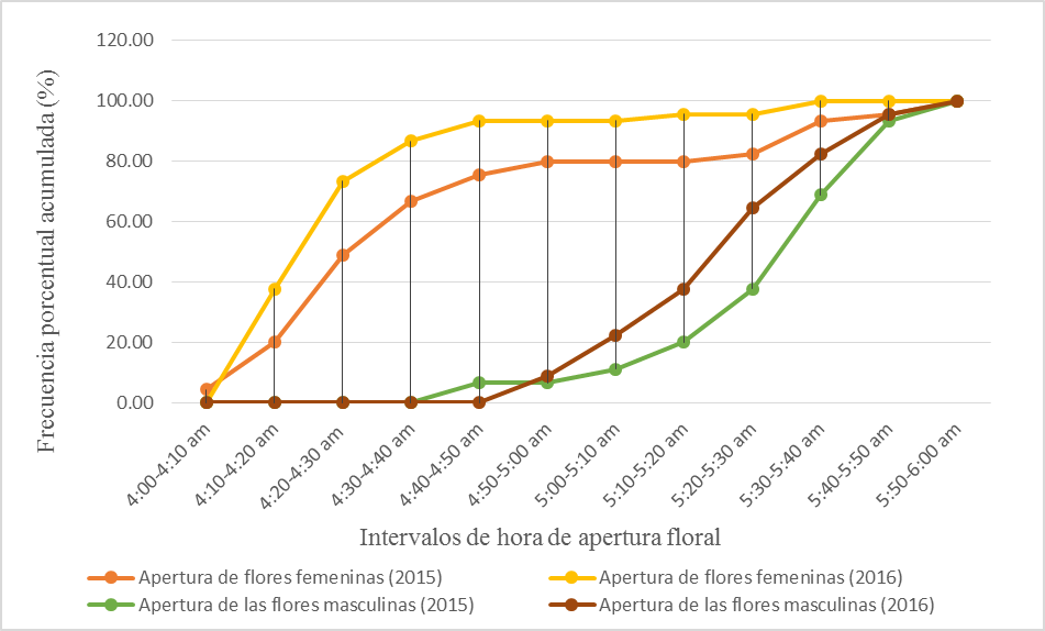 Apertura
floral de los botones masculinos y femeninos evaluados entre los años 2015 y
2016 (n=90 flores).