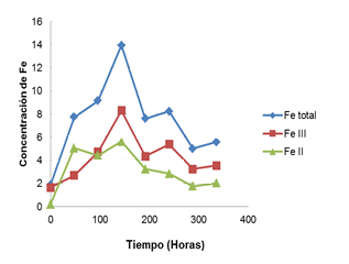 Curva de concentraciones del Fierro total, Fierro III y Fierro II obtenidas en el tratamiento experimental a la temperatura de 70 °C del proceso de biolixiviación del cobre.