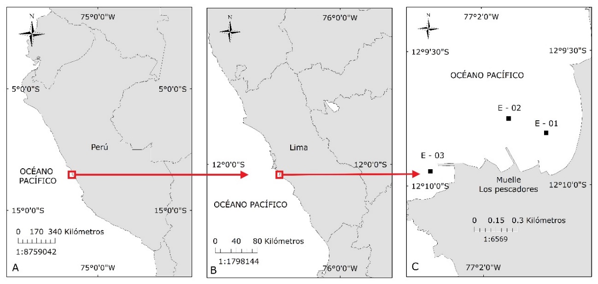 Mapa de la playa de Pescadores Artesanales de Chorrillos-Lima-Perú. A: Perú, B: Lima, C: Mapa de ubicación de las estaciones de muestreo en la playa de Pescadores Artesanales de Chorrillos.