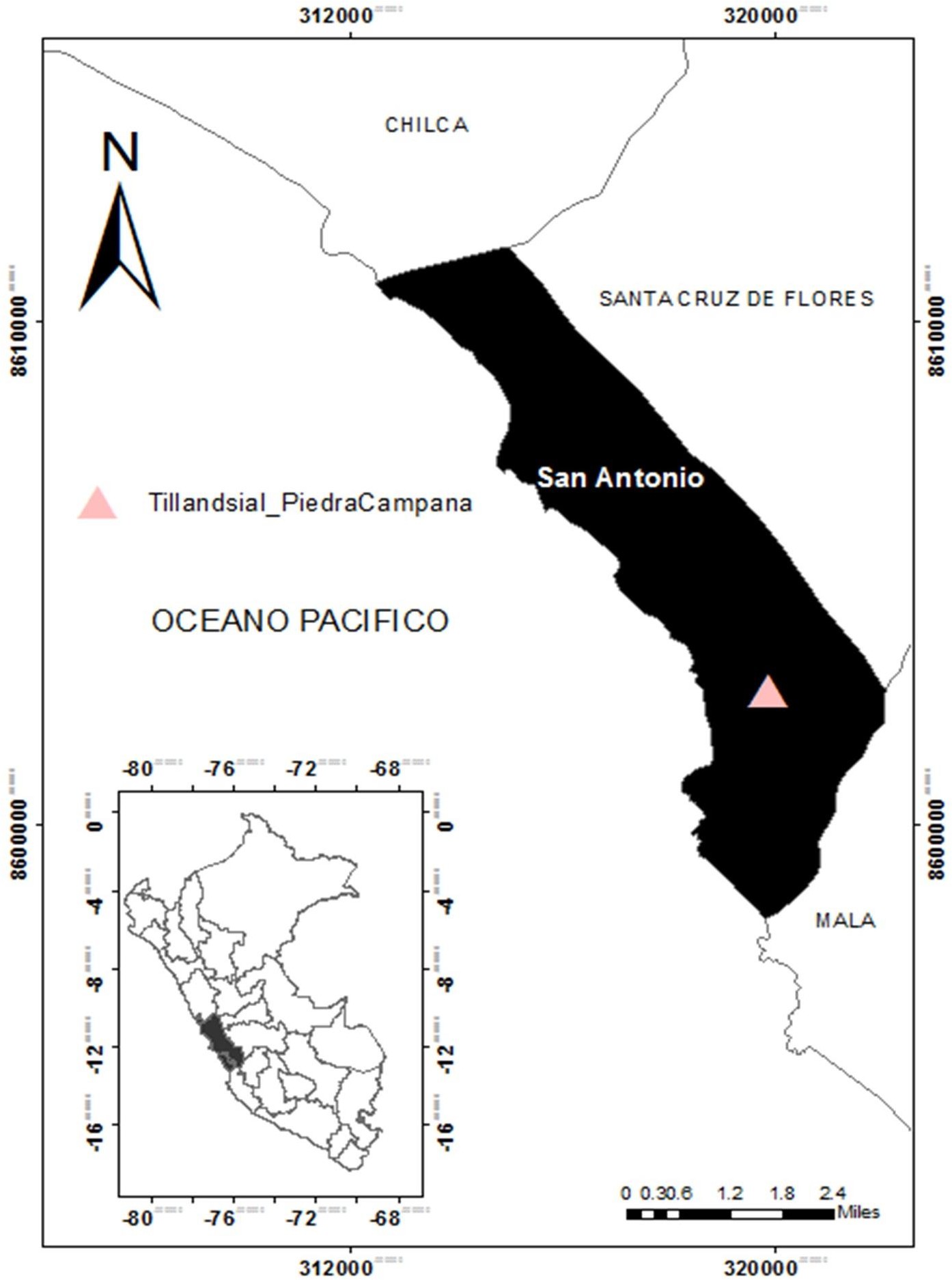 Mapa del área de estudio. En la esquina inferior izquierda el mapa del Perú.
