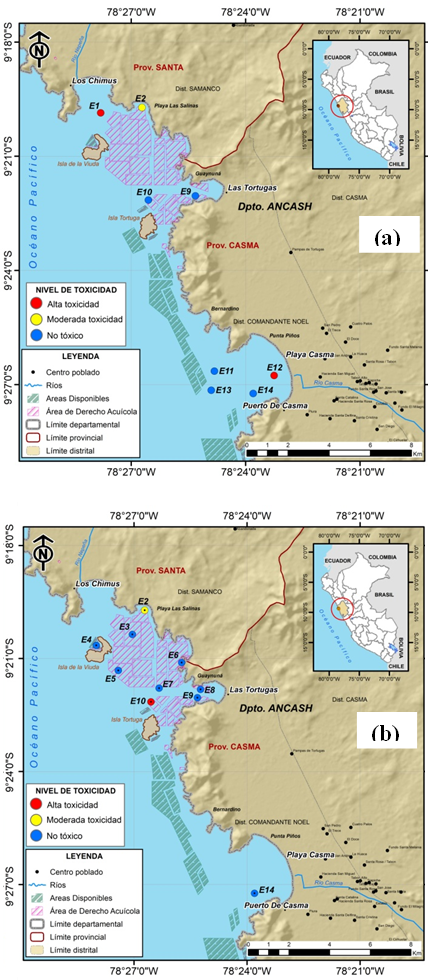 Niveles de toxicidad del sedimento marino de las bahas Los Chimus, Tortugas y Casma en ncash (Per) empleando la microalga Isochrysis galbana. (a) marzo 2016 y (b) agosto 2016