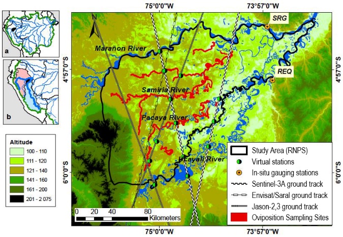 Study area with satellite trajectories location of virtual stations in situ water level gauge stations (SRG, REQ) in the Ucayali and Marañon rivers, and oviposition sampling areas. (Projection: GCS WGS 84 UTM 18S)