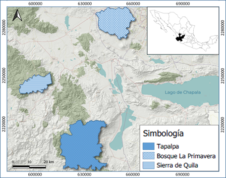 Localizacin de tres regiones de importancia forestal en el Estado de Jalisco, Mxico (Zona UTM 13)