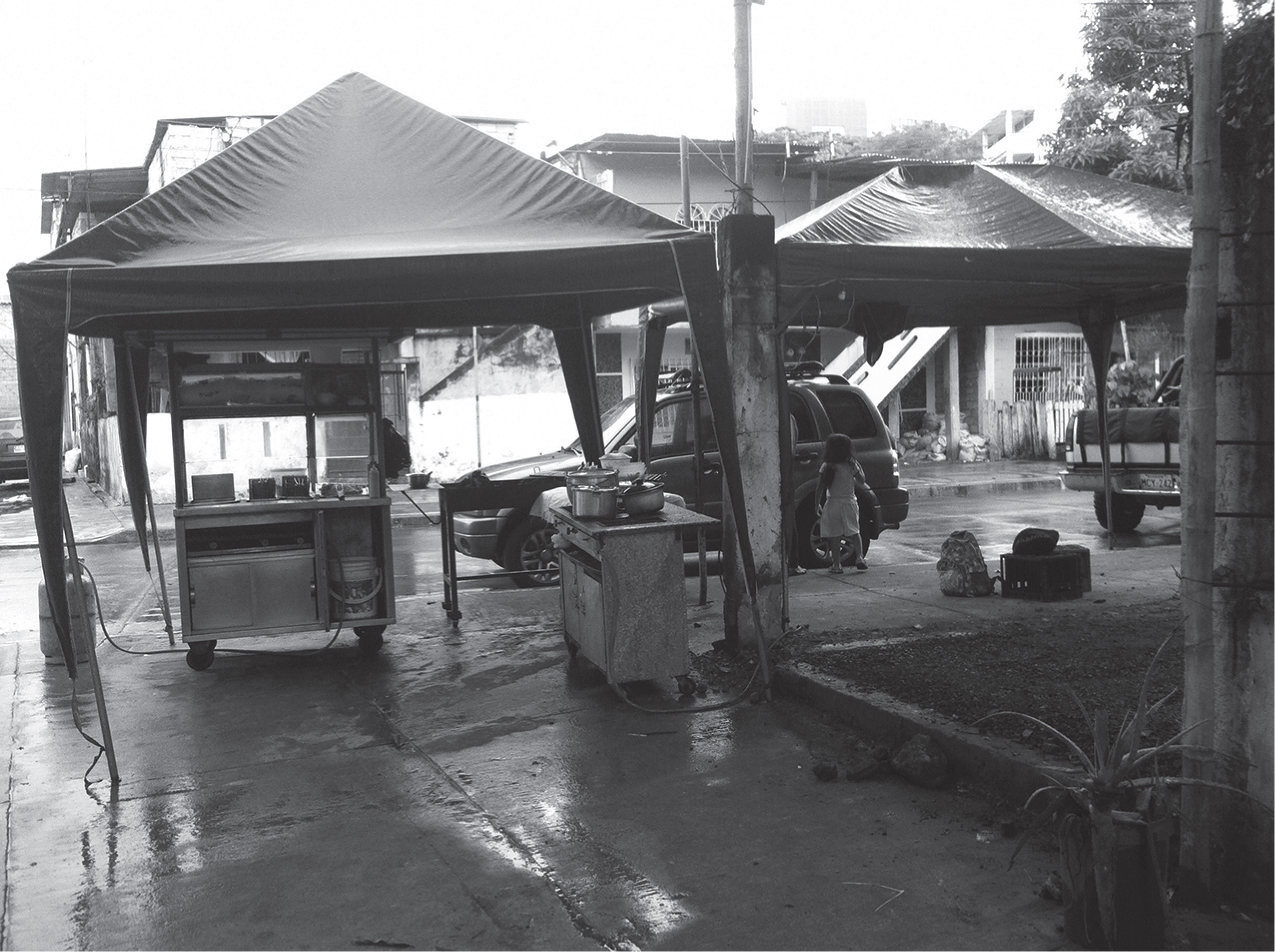 Ocupación
del espacio exterior de la casa con carpas y elementos de cocina móviles
desplazados desde varias casas cercanas. Fotografía del autor, 2016