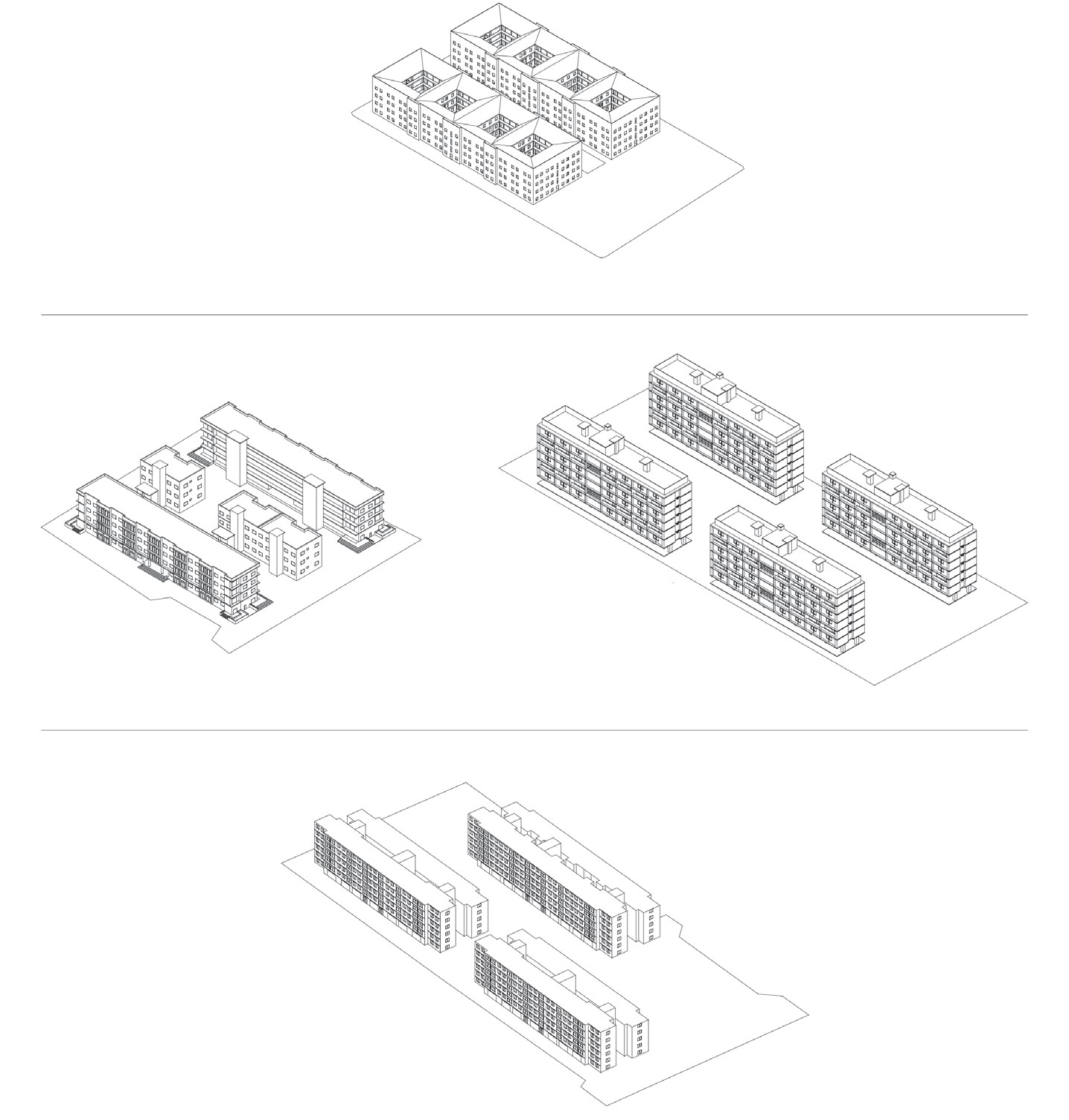 1) Casas Colectivas (1945-1950); 2) Centro de Vivienda (1958); 3) Bloques
Multifamiliares (1964- 1967); 4) La Atarazana (1965-1973).
