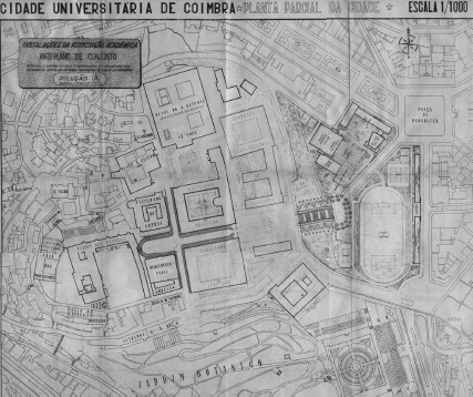 Luís Cristino da Silva, ante
plano de conjunto das instalações académicas de Coimbra (solução A), 1954.
Fonte: Arquivo da Universidade de Coimbra, CAPOCUC 364.