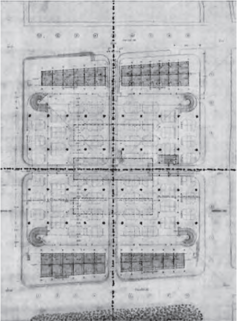 Planta del nivel de la plataforma, mostrando la proyección de los vacíos del nivel superior. Fuente: Archivo General de la Nación, Fondo Invías, plano 2854, signatura -1, 09, 12, 124. Intervenido por MPA.
