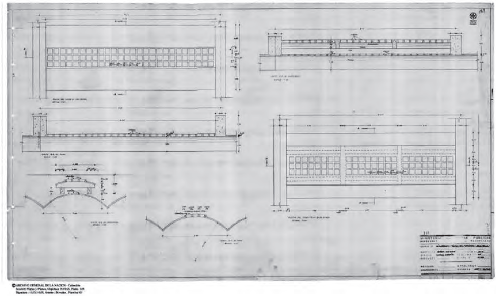  Detalles de las bóvedas, dibujadas aquí como si fuesen de concreto. Evidencia en obra revela su construcción cerámica. Fuente. Archivo General de la Nación, Fondo Invías, plano 169, signatura -1, 03, 14, 08.