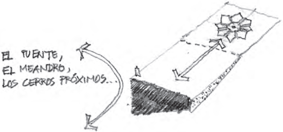 Rother prolongó el nivel del antiguo parque, con sus canteros de trazado geométrico, para formar una plataforma. Al observar esta operación desde cierta distancia, se entiende su significado poético frente al paisaje. Fuente: Dibujos por Mauricio Pinilla Acevedo.