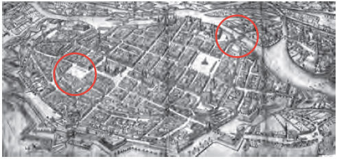 Breslau. Mapa Werner, 1742. La plaza Solny, donde vivía la familia Rother está destacada en el círculo rojo. El mercado fue construido a pocas cuadras, al lado del puente que conducía al castillo original, donde aparece el círculo azul.