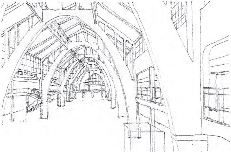  Interior de la plaza de mercado de Breslau. Fuente: Dibujo realizado por Mauricio Pinilla Acevedo con base en una fotografía de Marius Launer (https://www.czoczo.de).