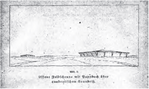 Perspectiva del granero presentado por Steinmetz en la página 5 de su tratado y perspectiva de la plaza de mercado de Girardot. Fuente: Archivo General de la Nación, Fondo Invías, plano 2907, signatura -1, 09, 12, 126.