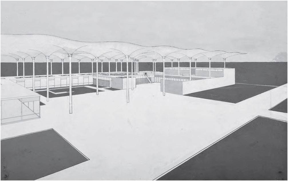 Amancio Williams, Proyecto de tres hospitales para la Provincia de Corrientes, perspectiva y corte por la diagonal de la bóveda cáscara. Fuente: Archivo Amancio Williams.