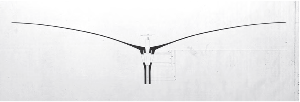 Amancio Williams, Proyecto de tres hospitales para la Provincia de Corrientes, perspectiva y corte por la diagonal de la bóveda cáscara. Fuente: Archivo Amancio Williams.