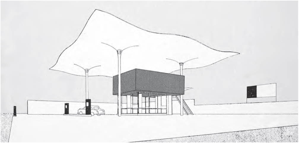 Amancio Williams, proyecto de estación de servicio en Avellaneda (1954/1955). Fuente: Archivo Amancio Williams.