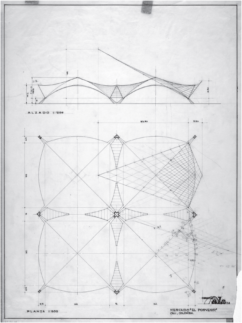  Una de las soluciones de bóvedas elaboradas por Cubiertas Ala Colombia para la Plaza del Mercado El Porvenir en Cali. Félix Candela architectural records and papers, 1950-1984, Avery Architectural & Fine Arts Library, Columbia University.
